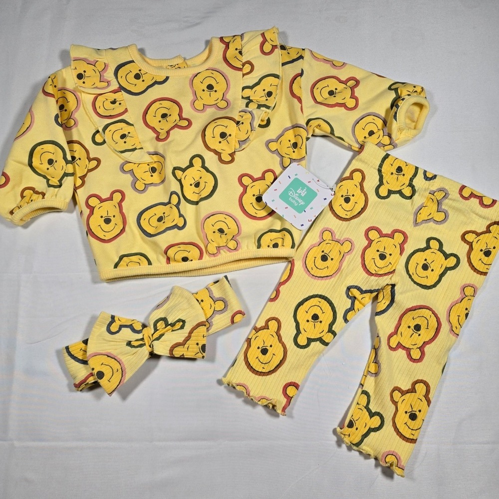 Disney Baby Winnie the Pooh 3-6M‎ girls Yellow Top Leggings Headband outfit